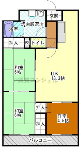 間取り&nbsp;リビング広い13.3帖。各部屋収納有り。