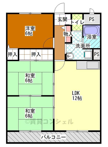 間取り&nbsp;各部屋６帖ＬＤＫ１２帖の間取りです。